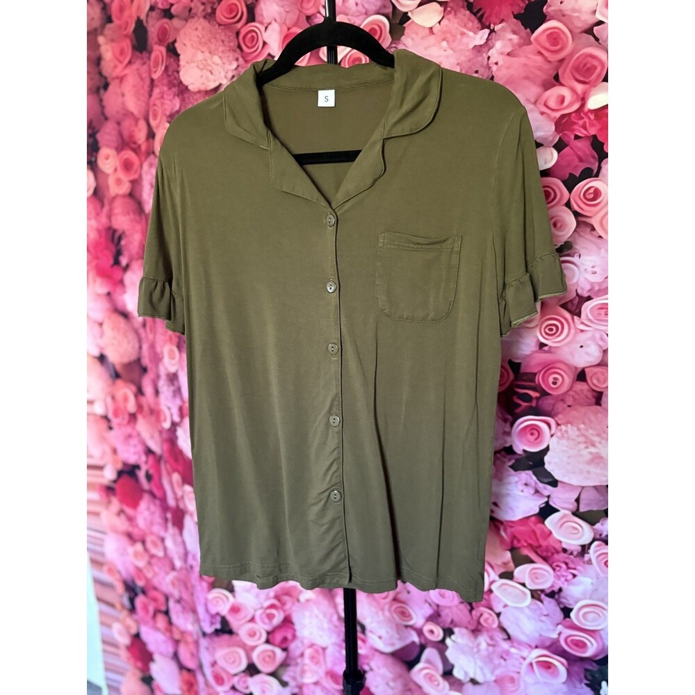 Olive Green Button Down Blouse Ruffle Sleeve Pocket Top Women’s Small